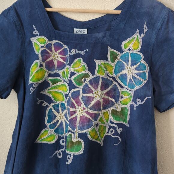 Color Me Cotton CMC Womens Dress Blue Tie Dye Floral Small Lagenlook Watercolor - Picture 2 of 7